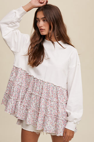 Cream Crew Neck Sweat Top With Tiered Floral Contrast