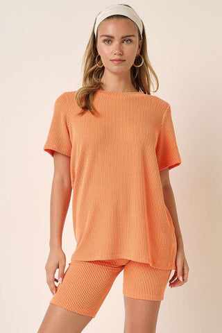 Orange Rib Knit T-Shirt And Biker Short Set