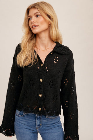 Black Pointelle Collared Button Down Sweater Cardigan