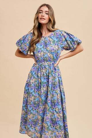 Blue Multi Floral Printed Crew Neck Puff Sleeve Midi Dress