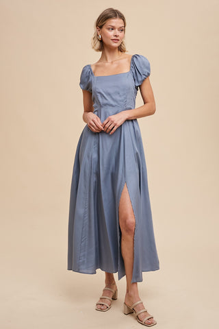 Elemental Blue Linen Blend Maxi Dress With Corset Back