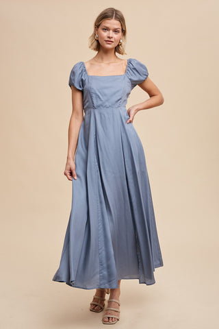 Elemental Blue Linen Blend Maxi Dress With Corset Back