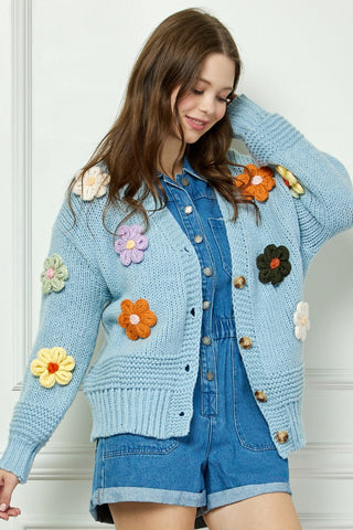 Blue Fluffy Flower Pom Pom Cardigan