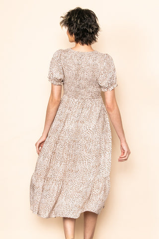 Cream Puff Sleeve Smocked Chest Printed Midi Dress