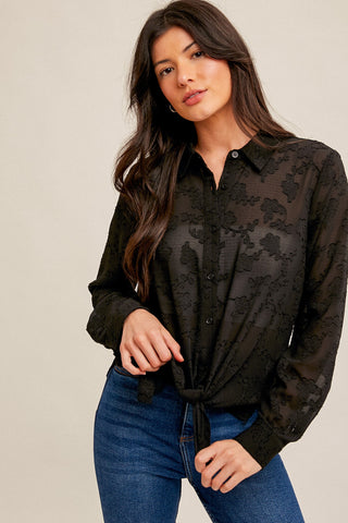 Black Tie Waist Chiffon Jacquard Button Down Blouse