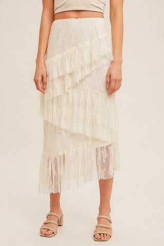 Cream Asymmetrical Tiered Lace Skirt