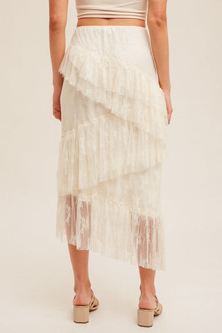 Cream Asymmetrical Tiered Lace Skirt