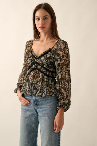 Black Floral Sweetheart Neck Semi Sheer Low Back Blouse