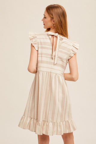 Taupe Flutter Ribbon Tie Back Tiered Stripe Mini Dress