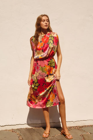 Pink Floral Garden Blouson Slit Dress