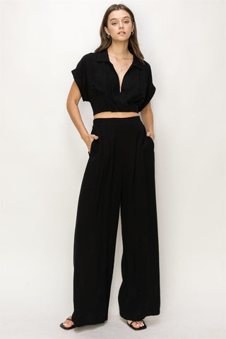 Black Top And Wide Leg Pants Set