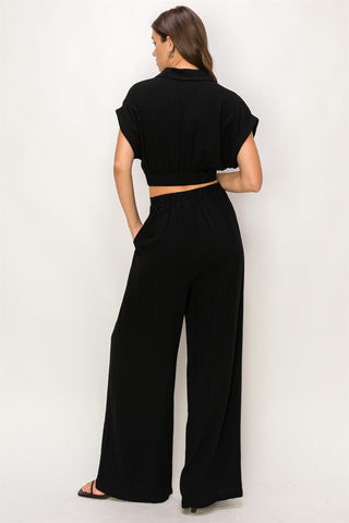 Black Top And Wide Leg Pants Set