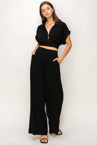 Black Top And Wide Leg Pants Set