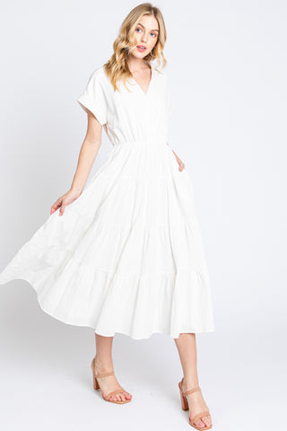 Off White Collar V Neck Cuffed Sleeve Tiered Midi Dress