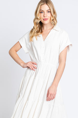 Off White Collar V Neck Cuffed Sleeve Tiered Midi Dress