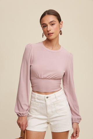 Mauve Long Sleeve Cropped Knit Top With Contrast Tie