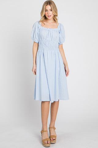 Blue Solid Textured Dress W/ Elastic Details