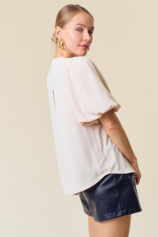 Vanilla Bubble Short Sleeve Pintuck Button Down Blouse