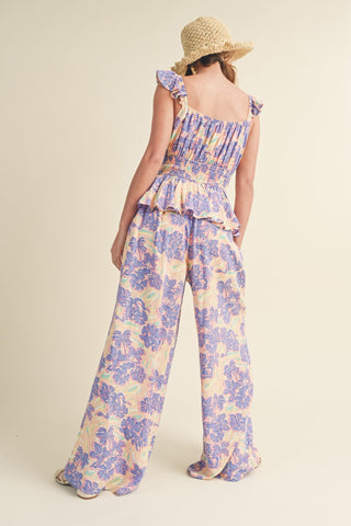 Lavender Floral Smocked Bodice Wide Leg Jumpsuit