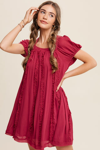 Magenta Square Neck Puff Sleeve Flowy Dress With Ruffle