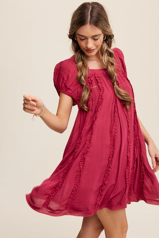 Magenta Square Neck Puff Sleeve Flowy Dress With Ruffle