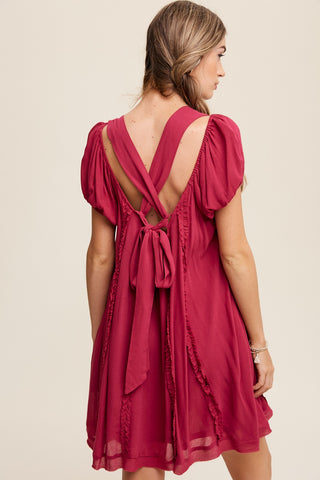 Magenta Square Neck Puff Sleeve Flowy Dress With Ruffle