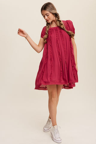 Magenta Square Neck Puff Sleeve Flowy Dress With Ruffle