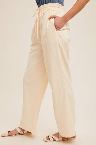 Cream Drawstring Detail Wide Leg Pants With Pockets