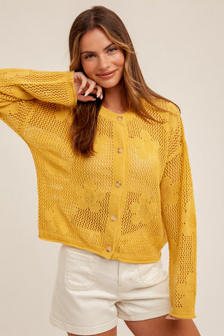 Yellow Floral Open-Stitch Sweater Cardigan