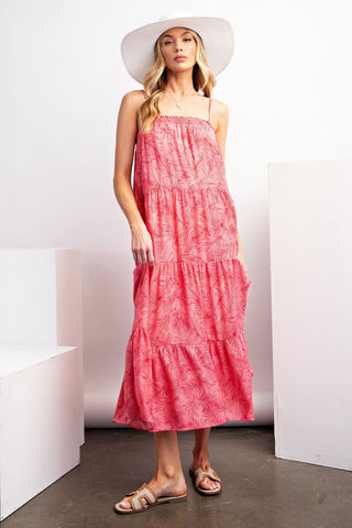 Pink Coral Leaf Printed Peach Blossom Tiered Cami Dress