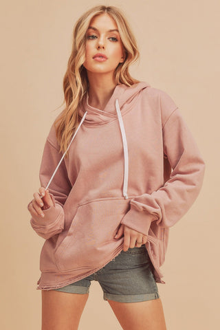 Mauve Raw Edge Trim Drawstring Hoodie