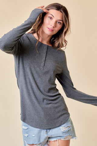 Charcoal Button Front Soft Knit Long Sleeve Henley Top