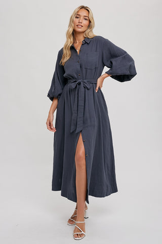 Charcoal Gauze Belted Shirt Midi Dress