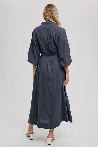 Charcoal Gauze Belted Shirt Midi Dress